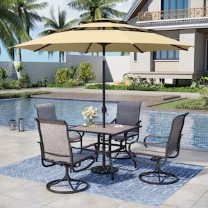 Black 6-Piece Metal Square Patio Outdoor Dining Set with Wood Finish Table, Umbrella and Textilene Swivel Chairs