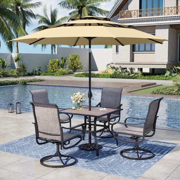 PHI VILLA Black 6-Piece Metal Square Patio Outdoor Dining Set with Wood Finish Table, Umbrella and Textilene Swivel Chairs