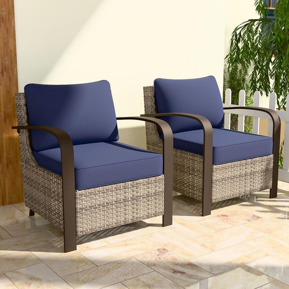 Ergonomic Armrest Brown Patio Wicker Outdoor Lounge Chair with Blue Cushion (2-Pack) price history on PriceWatchPro