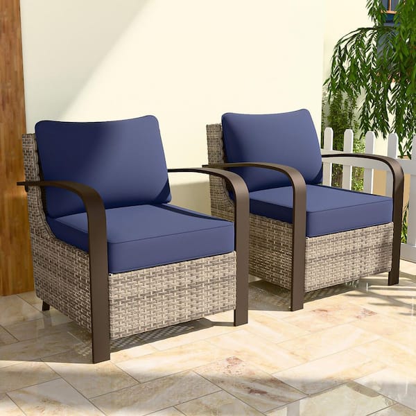 COOS BAY Ergonomic Armrest Brown Patio Wicker Outdoor Lounge Chair with Blue Cushion (2-Pack)