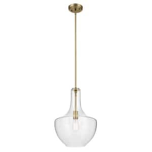 Everly 19.75 in. 1-Light Natural Brass Modern Shaded Bell Kitchen Hanging Pendant Light with Clear Seeded Glass