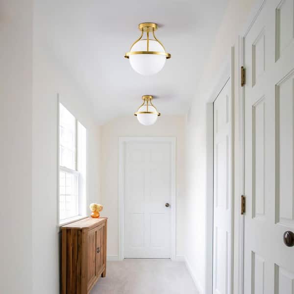Raleigh 11 in. 1-Light Brass Glass Minimalist Semi Flush Mount Lighting Hallway Bedroom Ceiling Lights Fixtures