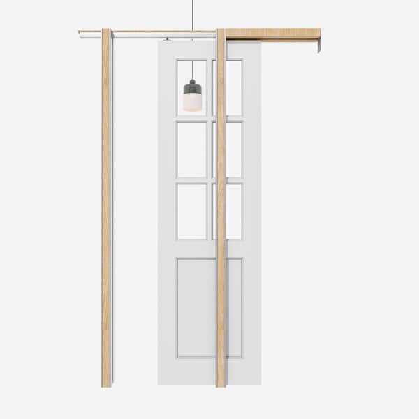 24 in. x 80 in. 6 Lite Clear Glass White Primed MDF Pocket Sliding Door with Pocket Door Hardware Set and Soft Close