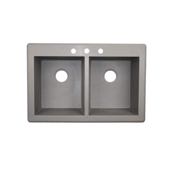 Swan Dual-Mount Granite 33 in. x 22 in. 3-Hole 50/50 Double Bowl Kitchen Sink in Metallico