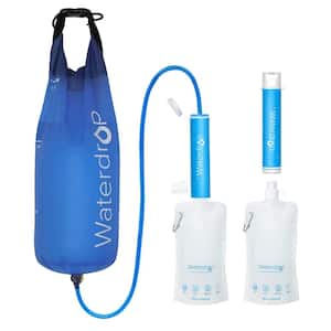 2-Pack Blue Camping Water Filter Straw with 1.5 Gal. Water Bag and 16 oz. Water Pouch for Travel and Backpacking