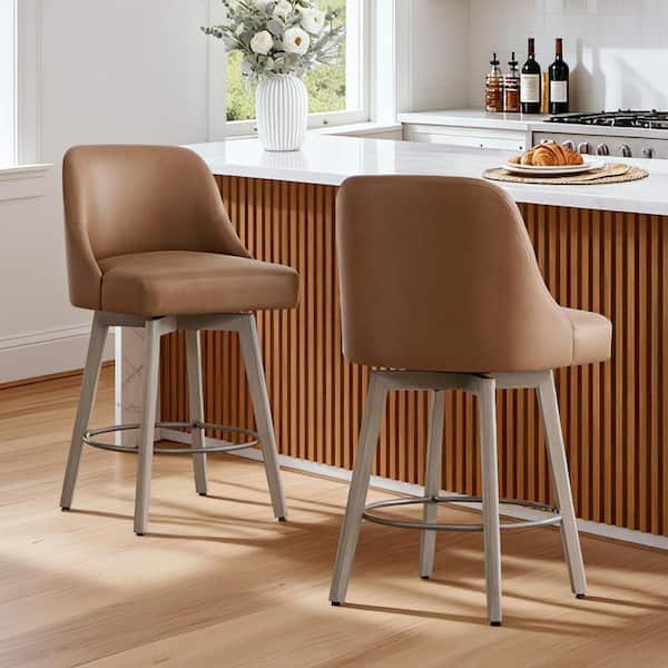 Alba 37.8 in. Brown Faux Leather Wood Frame Swivel Upholstered Counter Height Bar Stool with Weathered Finish (Set of 2)
