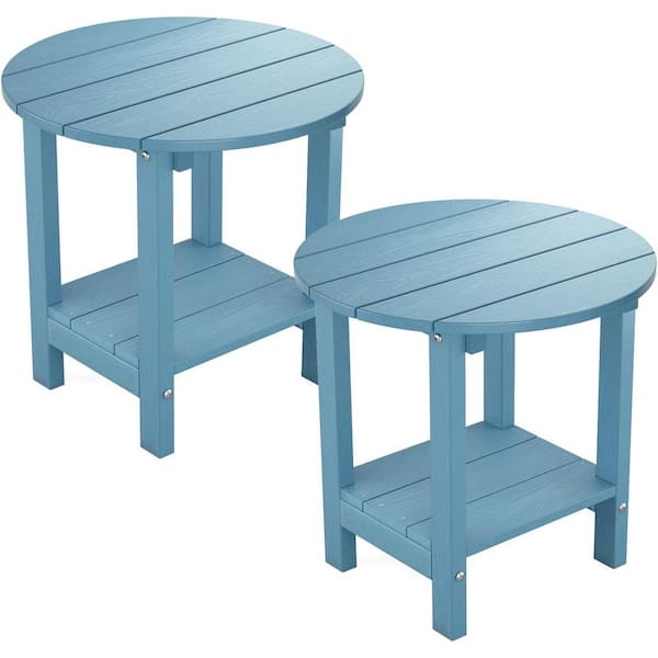 Mximu 17-5/8 in. H Blue Round Plastic Adirondack Outdoor Patio Side Table(2-Pack)