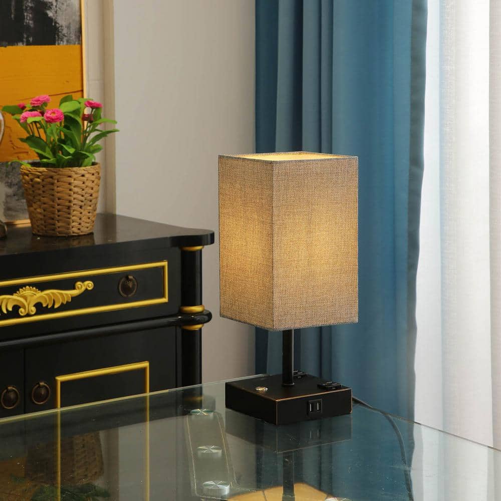 15" Black Touch Control Table Lamp with USB Ports and Fabric Shade