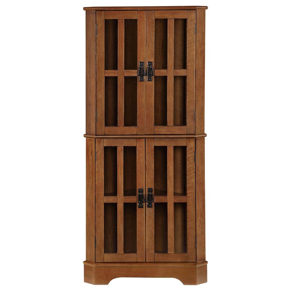 Transitional Golden Brown Corner Curio Cabinet with Glass Doors