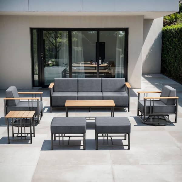 Puffin 7-Piece Black Metal Patio Conversation Set with Sofa, Gliders, and 10 in. Thick Dark Gray Olefin Cushions