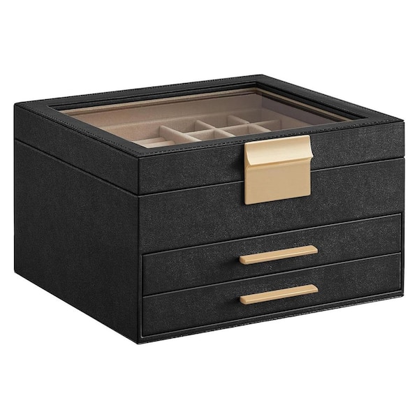 指輪入れ 8 x 9.1 x 5.3 in. Black and Gold Jewelry Box Organizer with Glass