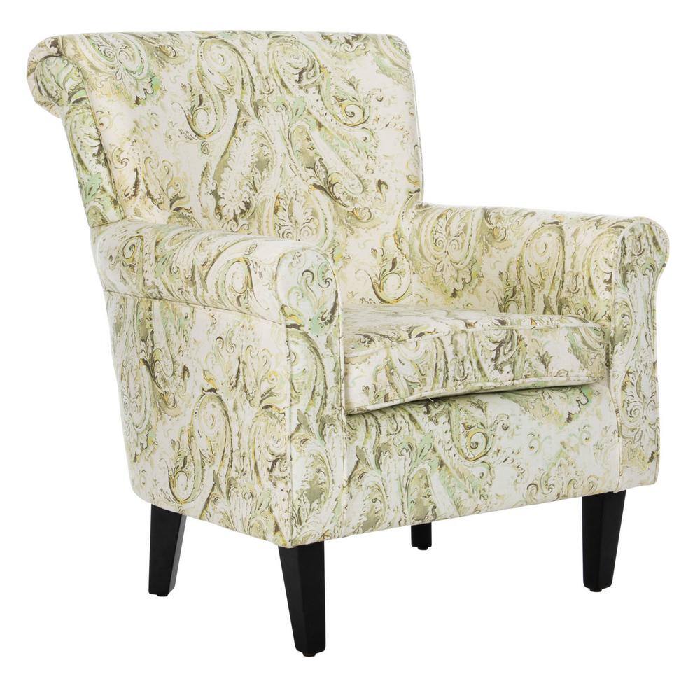 Contemporary Floral Green Linen-Blend Wood Accent Chair