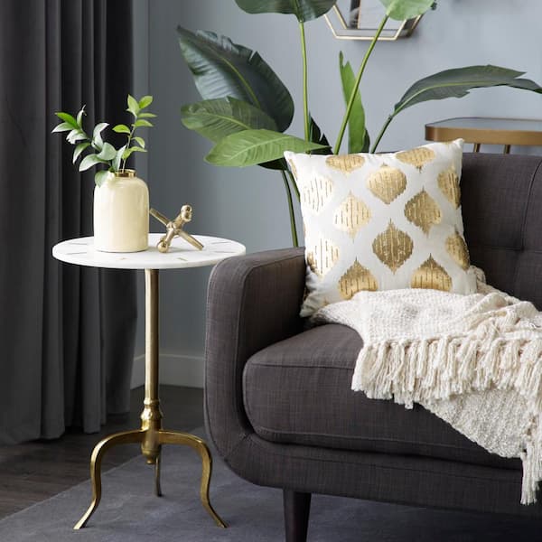 Litton Lane 18 in. White Large Round Marble End Accent Table with Marble Top with Gold Inlay