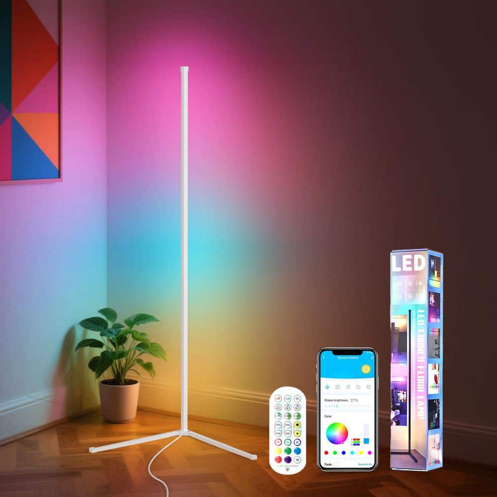 56 in. White L-Shaped Smart Dimmable Standard Floor Lamp for Living Room, RGB Bluetooth Corner Light 1Pack price history on PriceWatchPro