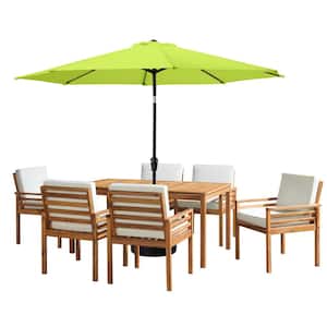 8 -Piece Set, Okemo Wood Outdoor Dining Table Set with 6 Cushioned Chairs, 10 ft. Auto Tilt Umbrella Lime Green