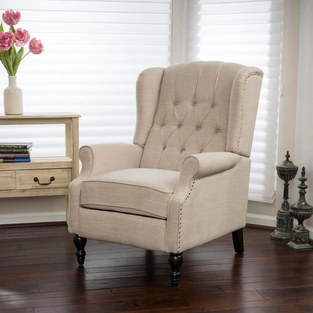 Light Beige Wingback Recliner Chair with Button-Tufting and Nailhead Trim
