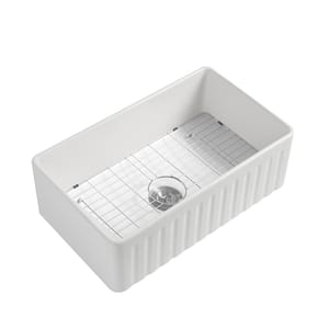 33.00 in .W Farmhouse/Apron-Front Ceramic Single Bowl in White Kitchen sink with Bottom Grids;Strainer