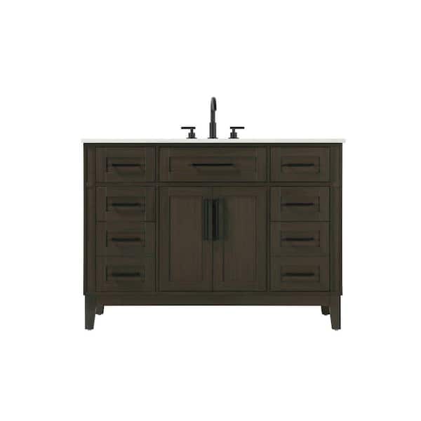 48 in. Single Sink Freestanding Mocha Brown Bath Vanity with Marble White Engineered Marble Top