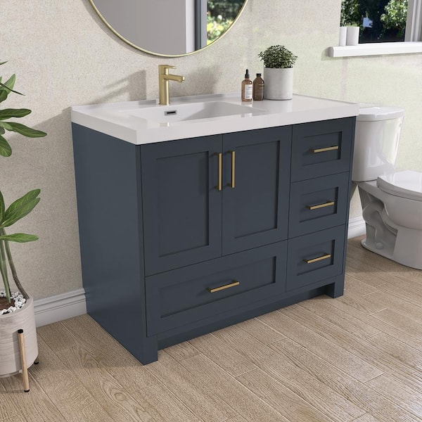 42 in. Solid Wood Freestanding Single Left Sink Bath Vanity Cabinet in Navy Blue with White Solid Surface Top and Basin