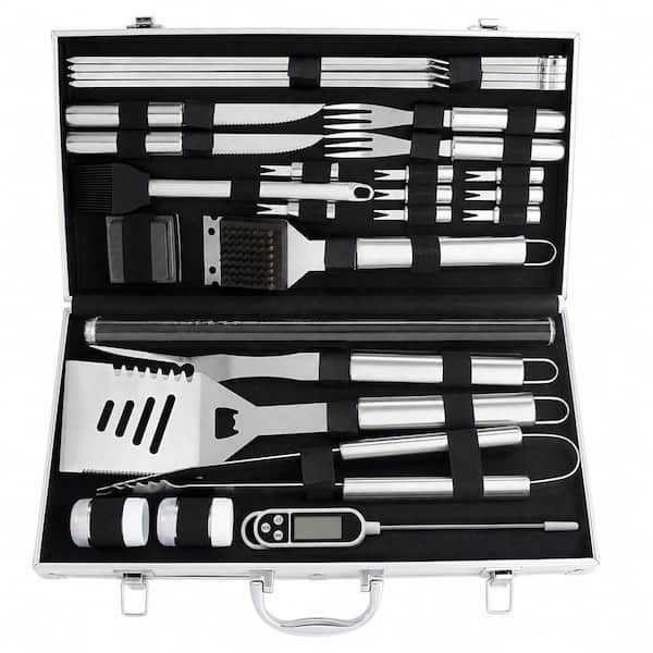 28 Pieces Stainless Steel BBQ Accessories Set with Thermometer Heavy Duty Grill Tools Case for Outdoor Cooking