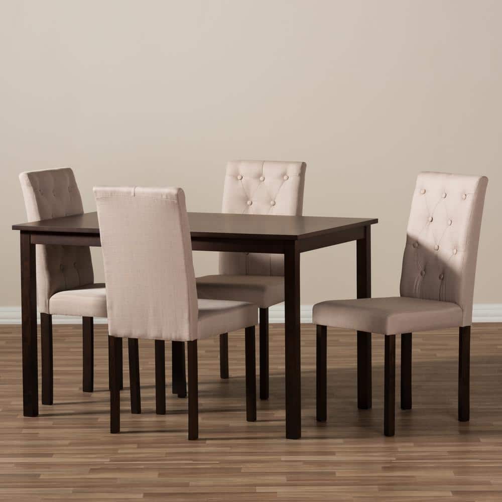 Contemporary Beige Fabric & Dark Brown Wood 5-Piece Dining Set