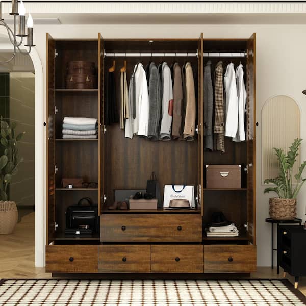 Brown Wood 59 in. W Shutter Doors Armoires Wardwore Farmhouse Style with 5-Drawers, Hanging Rod (70.5 in. H x 19 in. D)
