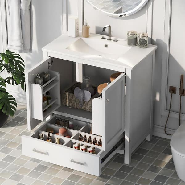 Virubi 30 in. W x 18 in. D x 34 in. H Bath Vanity in White with White Ceramic Top, Multifunctional Storage and Single Sink ZXW010AAK Virubi 30 in. W x 18 in. D x 34 in. H Bath Vanity in White with White Ceramic Top, Multifunctional Storage and Single Sink ZXW010AAK
