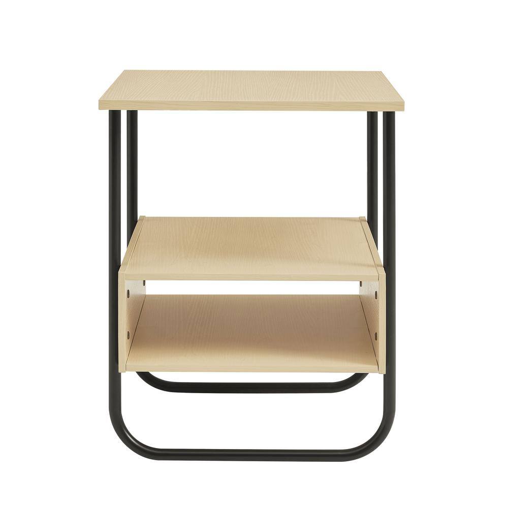 Light Maple and Black Metal Modern End Table with Open Shelf