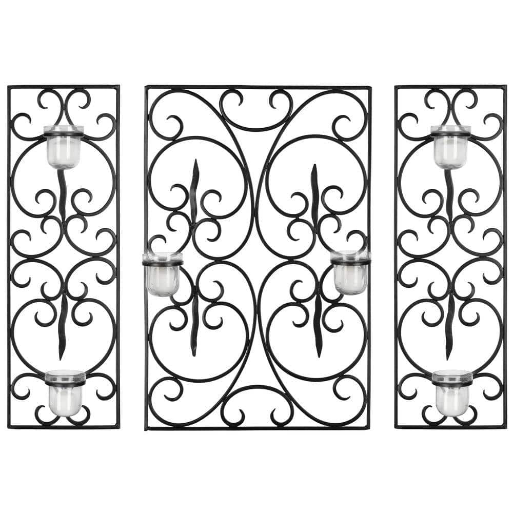 Black Iron and Glass Scrollwork Wall Sconce Set