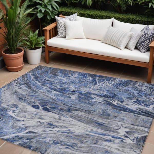Denim Blue, Navy Blue 9 ft. x 12 ft. Woven Abstract Polyester Rectangle Indoor/Outdoor Area Rug