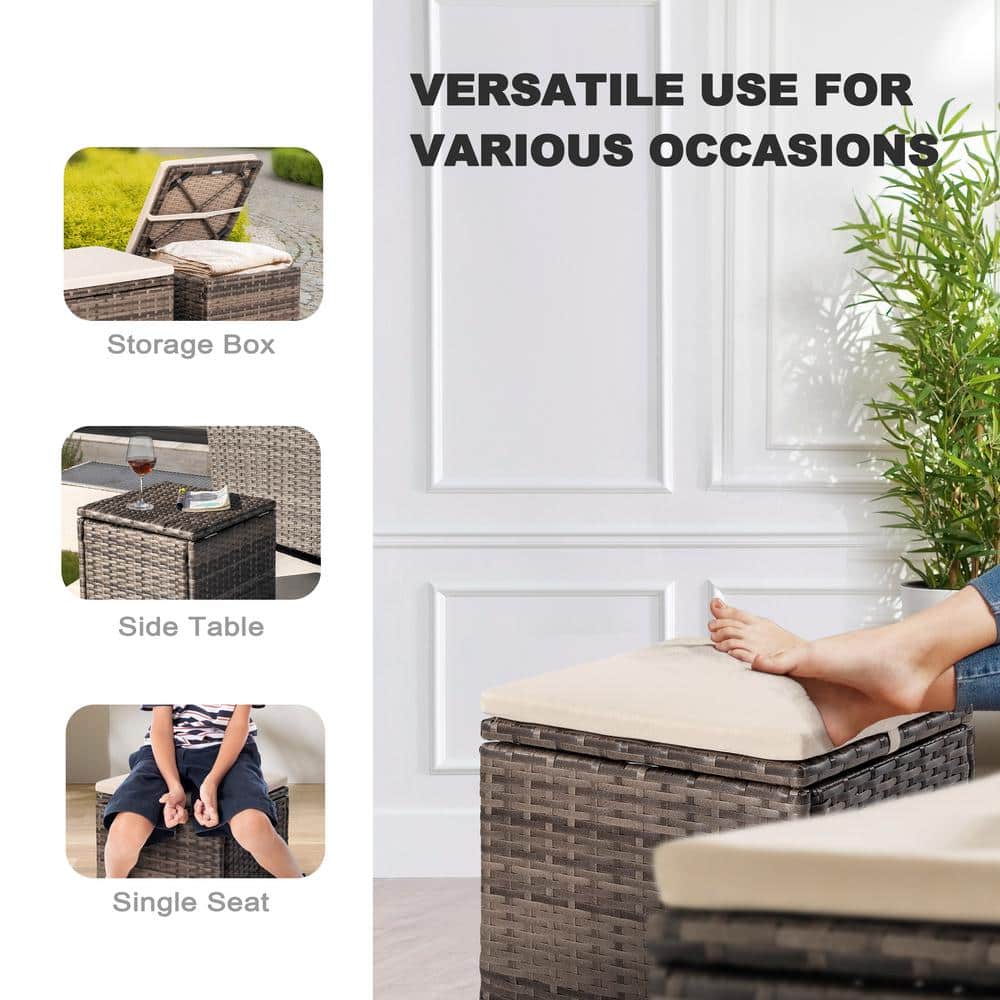 Brown and Beige Wicker Outdoor Storage Ottoman with Cushion