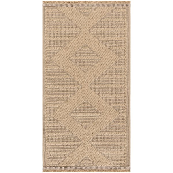 Nourison Washable Jute Natural Beige 2 ft. x 4 ft. Solid Diamond Contemporary Runner Area Rug
