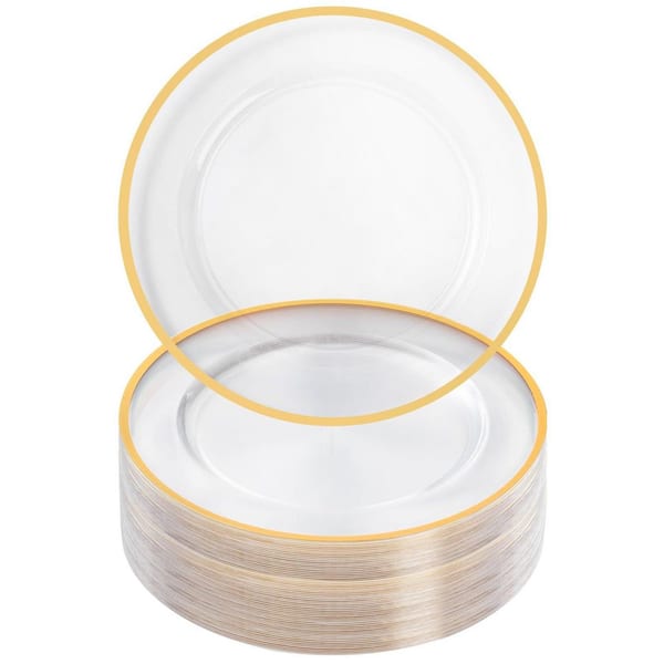 12 in. Charger Plates, 50 Pack Clear Charger Plates with Gold Trim, Plastic Charger Plate Bulk for Dinner, Wedding