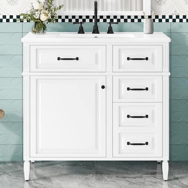 FAMYYT 36 in. W Single Sink Freestanding White Solid Wood Frame Bath Vanity with White Ceramic Top, One Flip Drawer
