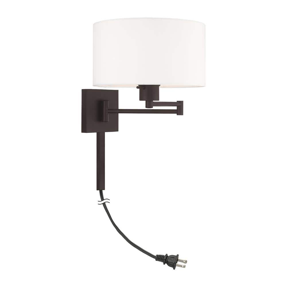 Transitional Bronze Swing Arm Wall Lamp with Off-White Fabric Shade