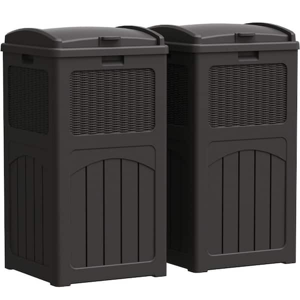 36 Gal. Resin Outdoor Trash Can, Plastic Deck Box (Set of 2) in Black