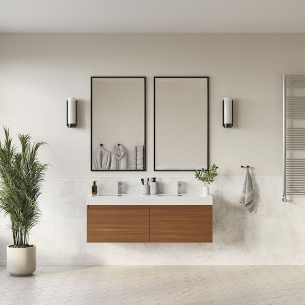 Mezzo 60 in. Modern Wall Hung Bath Vanity in Teak with Double Vanity Top in White with White Basins