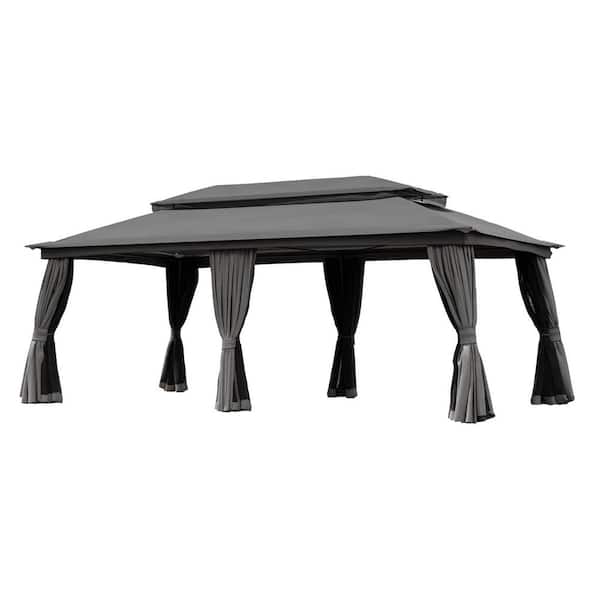 20 ft. x 10 ft. Gray Canopy Gazebo with Double-Tier Roof, Curtains and Nettings for Lawn, Backyard, Patio