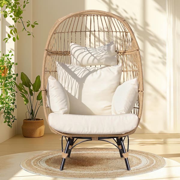 NICESOUL Patio Beige Wicker Stationary Oversized Lounge Egg Chair with ...