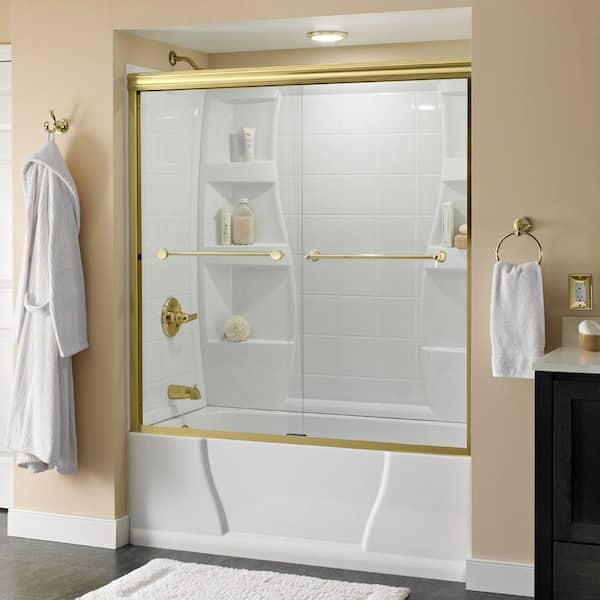 Delta Crestfield 60 in. x 58-1/8 in. Semi-Frameless Traditional Sliding Bathtub Door in Brass with Clear Glass