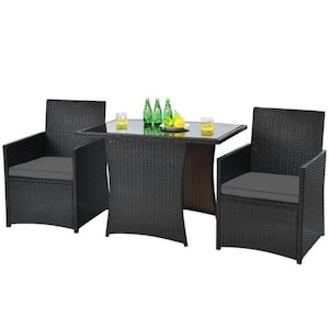 3-Piece Patio Rattan Wicker Outdoor Bistro Set Dining Table Set with Gray Cushions