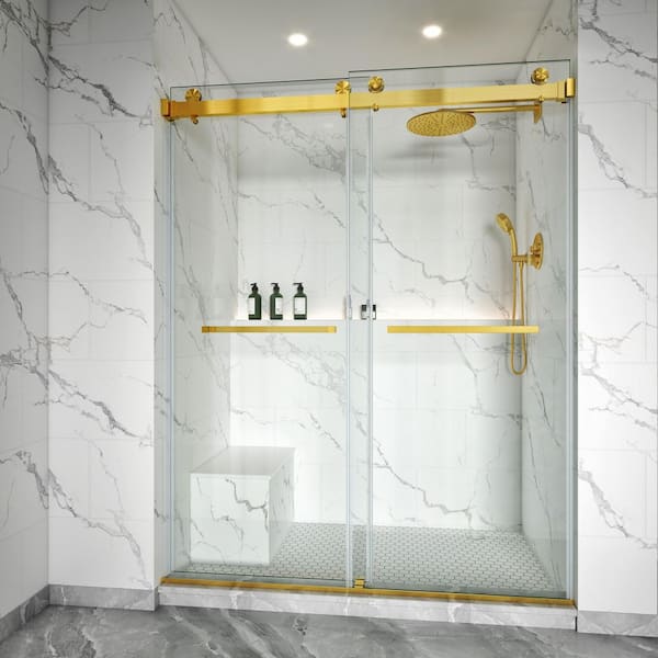 LASIHEM 56-60 in. W x 72 in. H Double Sliding Frameless Shower Door Brushed Gold with 3/8 in. Clear Glass