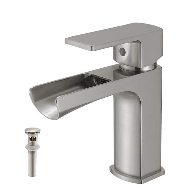 Fapully Single Handle Single Hole Bathroom Faucet with Drain Included, Waterfall Bathroom Faucet in Brushed Nickel