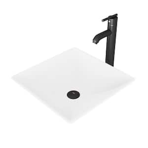 Matte Stone Hibiscus Composite Square Vessel Bathroom Sink in White with Seville Faucet and Pop-Up Drain in Matte Black