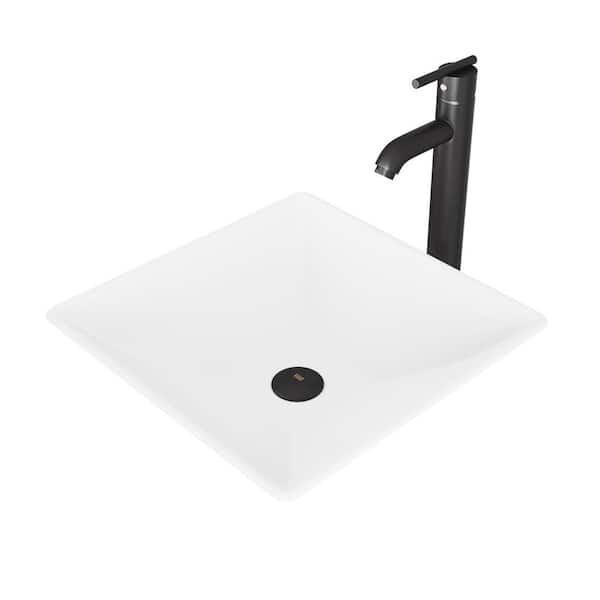 VIGO Matte Stone Hibiscus Composite Square Vessel Bathroom Sink in White with Seville Faucet and Pop-Up Drain in Matte Black