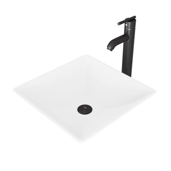 Hibiscus White Matte Stone Vessel Bathroom Sink and Seville Bathroom Vessel Faucet in Matte Black