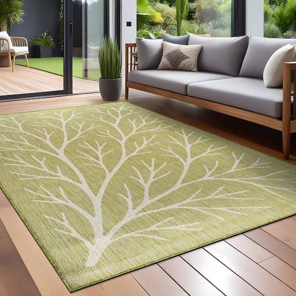 Flora Olive 8 ft. x 10 ft. Coral Branch Washable Indoor Outdoor Area Rug