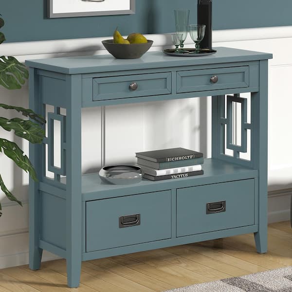 Retro Style Blue Solid Wood 36 in. Sideboard Console Table Sofa Table, Entryway Table with 4-Drawers and Storage Shelf