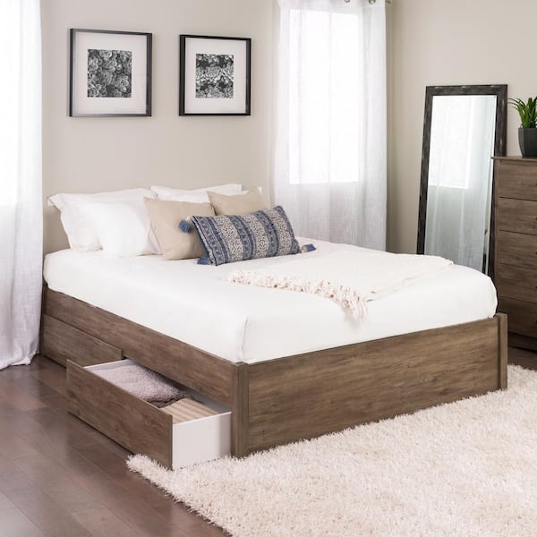 Prepac Select Drifted Gray Queen 4-Post Platform Bed with 2-Drawers