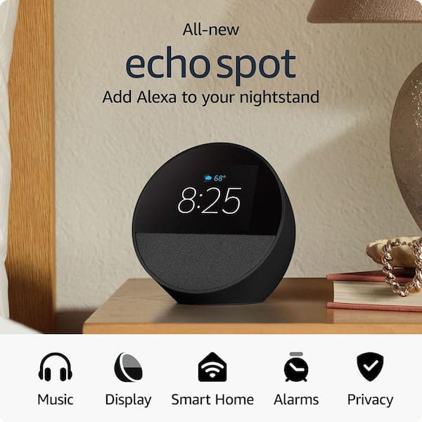 Amazon Echo Spot Smart Alarm Clock with Vibrant Sound Plus Alexa